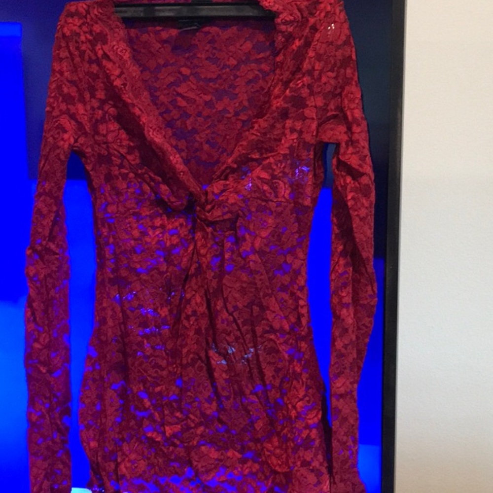 Deep Red Long Sleeve V neck Lace Shirt